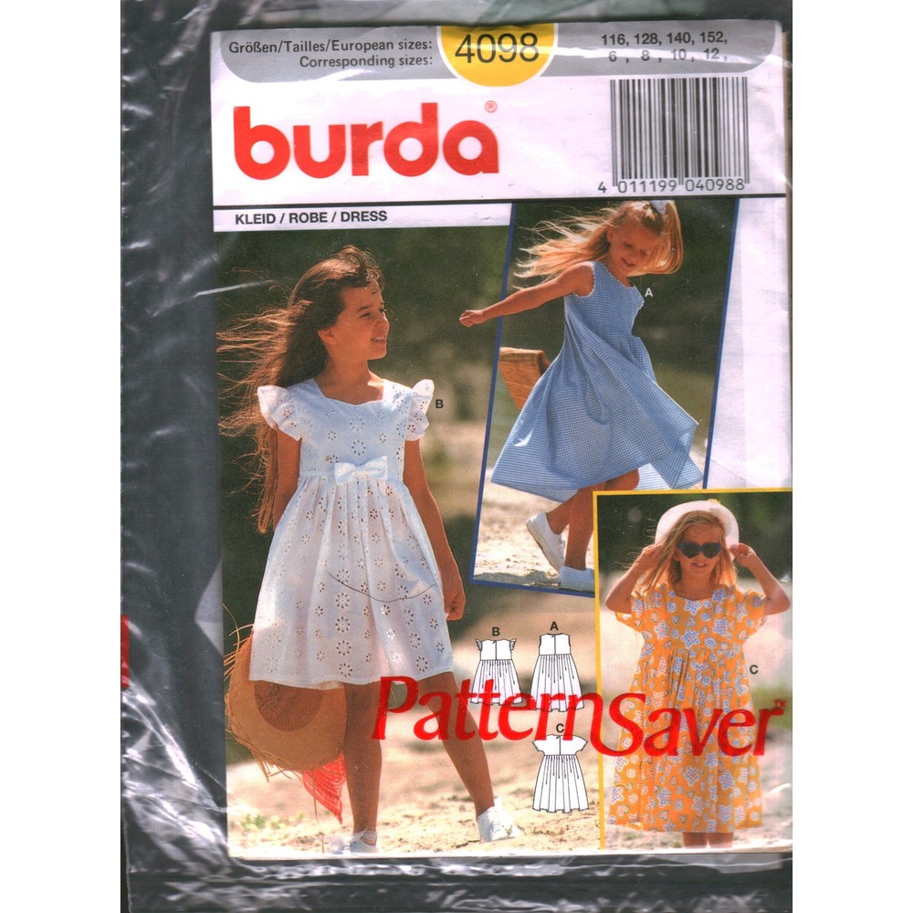 Burda‎ 4098 Girls Dress Sewing Pattern Sizes 6 8 10 12 cut Summer A-Line Dress